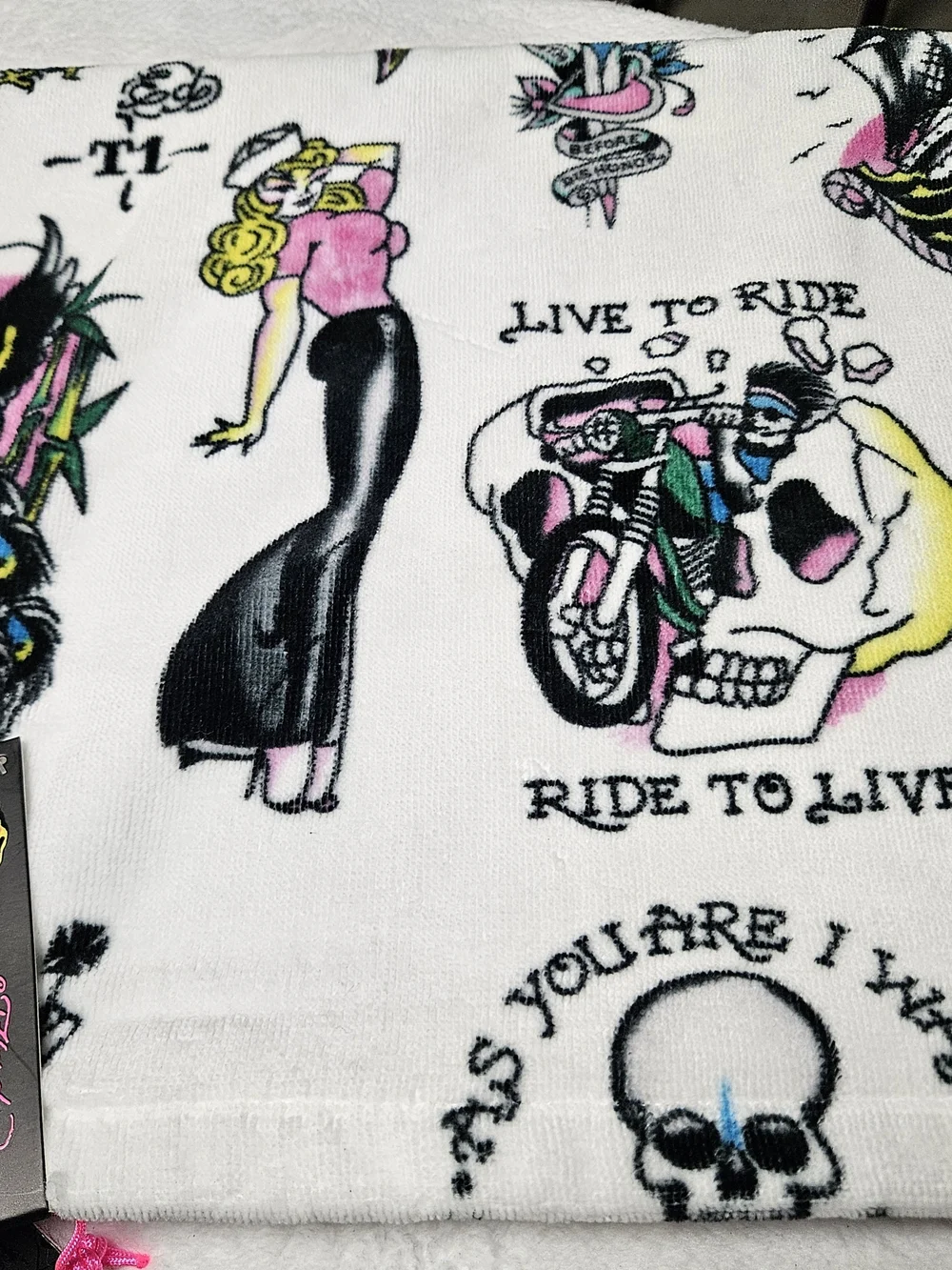 Ed Hardy 1 Bath Towel White with Pink & Black Tattoo Peacock Woman Biker Print